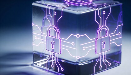 glowing encrypted data cube with lock symbols, encryption concept