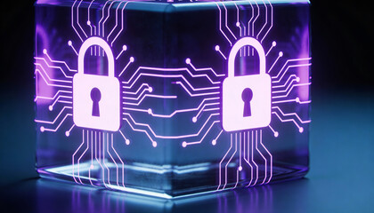glowing encrypted data cube with lock symbols, encryption concept