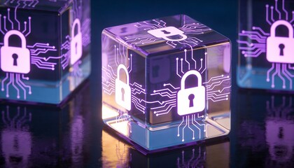 glowing encrypted data cube with lock symbols, encryption concept