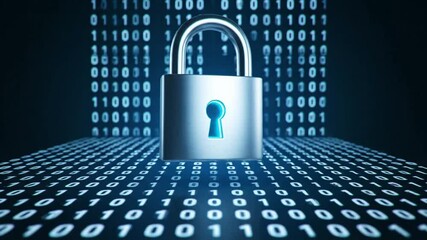 Digital security concept featuring a prominent padlock symbolizing data protection against binary code background - Powered by Adobe