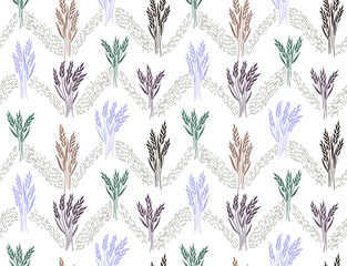 Seamless pattern with hand-drawn ears of wheat for home textile design.