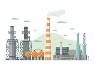 Obraz premium An industrial factory complex with smokestacks and buildings set against a mountainous backdrop