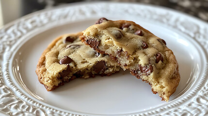 Freshly Baked Chocolate Chip Cookie Broken in Half on Elegant Plate, Close-Up Food Photography, Indoor Natural Light, Dessert Concept