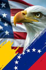 Stylized Venezuelan flag in brushstroke texture on the background of a bald eagle and the U.S. flag. Symbol of diplomacy, patriotism, international relations, and geopolitical tension.