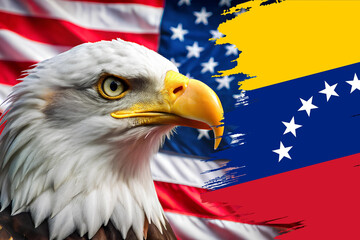 Stylized Venezuela flag with brushstroke texture on a background of white-headed eagle and the flag of America. Symbol of diplomacy, patriotism, international relations and geopolitical tensions.