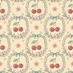 Vector seamless floral pattern with cherries. Coquette style