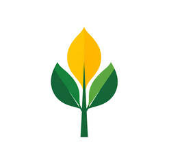 Abstract Plant with Central Yellow Flame-Like Petal and Symmetrical Green Leaves on Transparent Background