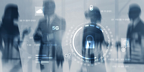 Businesspeople walking with digital security and 5g technology hologram in background