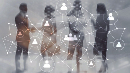 Businesspeople with digital social network icons and hologram overlay on city background