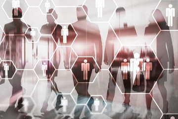 Social media communication concept with connected people silhouettes and interaction network