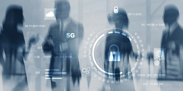 Businesspeople walking with digital security and 5g technology hologram in background - Powered by Adobe