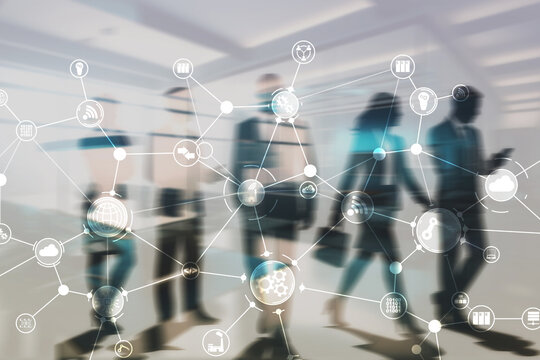 Industrial innovation and automation technology with silhouettes digital network manufacturing. Business infrastructure diagram with hierarchical structure