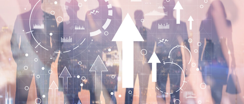 Modern business team collaborating over digital data analytics and financial charts in office - Powered by Adobe