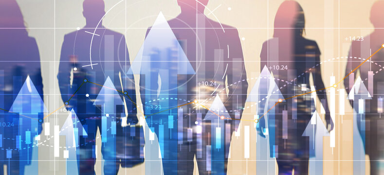 Businesspeople analyzing financial growth charts and data on digital screen - Powered by Adobe