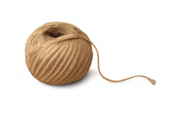 Twine ball unrolling, natural brown string for craft and packaging, coiled hemp rope on transparent background