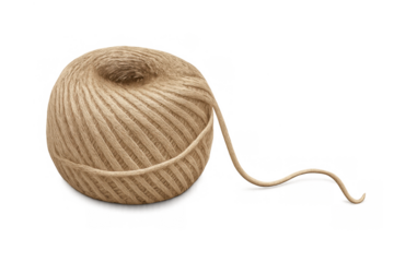 Ball of natural hemp twine with loose string, brown cord material for craft and packaging, transparent background