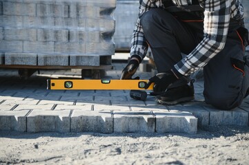 Builder laying a paving brick placing it on the sand foundation with gloved hands