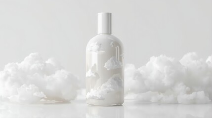A perfume bottle with clouds printed on it, surrounded by soft, fluffy clouds. A minimalist and serene design symbolizing purity and elegance in modern beauty products, 2026.