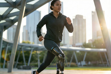 Determined young woman with prosthetic bionic leg running in a city park at sunset