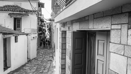 Skiathos, Greece - July 5, 2023: Scenic streets of Skiathos Greece with whitewashed buildings and Mediterranean vibes