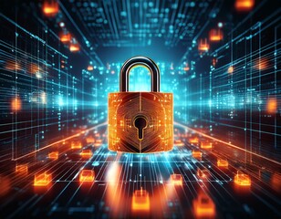 abstract digital representation of cybersecurity with glowing orange padlocks on a futuristic data grid background emphasizing protection and security technology
