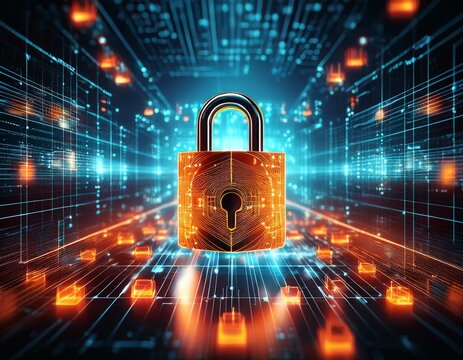 abstract digital representation of cybersecurity with glowing orange padlocks on a futuristic data grid background emphasizing protection and security technology - Powered by Adobe