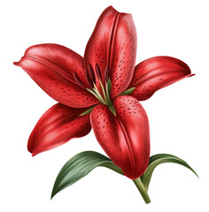 Detailed Red Lily Flower with Speckled Petals and Green Leaves on Transparent Background