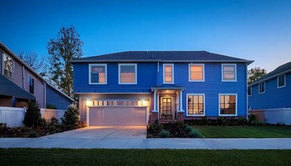 electric blue house in a suburban sector with quaint windows on an expansive property during early evening twilight