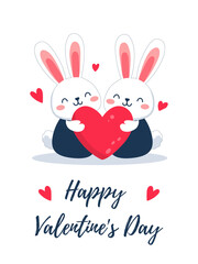 A charming graphic illustration of two white rabbits holding a large red heart with the text "Happy Valentine's Day."