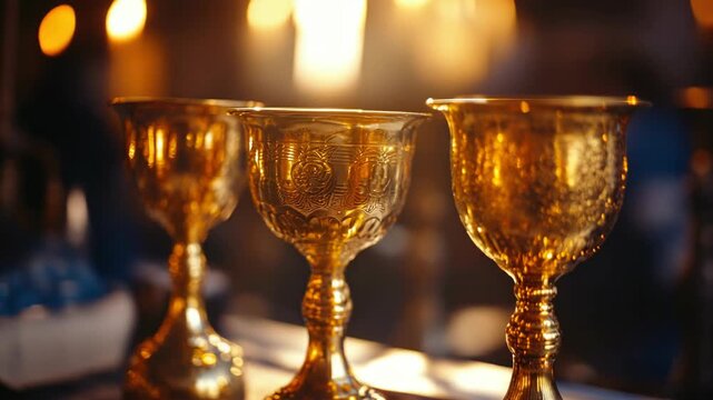 Set of golden cups on table lit with candles, indicating a celebration or ceremony.
