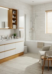 Modern Bathroom with Wood Accented Vanity and Shower Area