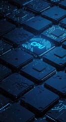 Glowing CPU Chip Embedded in Circuit Board Array