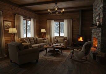 Cozy Mountain Cabin Living Room with Stone Fireplace and Snowy Windows