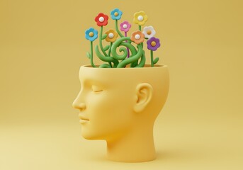 Yellow Head Sculpture with Flowers Growing from Open Skull