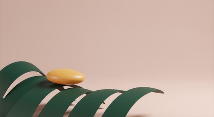 Smooth Yellow Sphere Resting on Curved Green Metal Strips