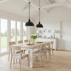 Scandinavian Style Dining Room with Light Wood Table and Black Pendant Lights