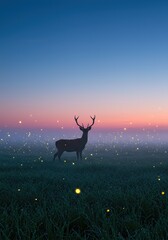 Majestic Deer Silhouette Standing Amid Glowing Fireflies at Twilight