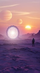 Astronaut Observes Cosmic Wormhole Amidst Alien Sunset on Foreign Planet