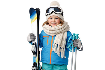 Child holding skis isolated. Winter sports training. Kids outdoor activity designs. Seasonal visuals.