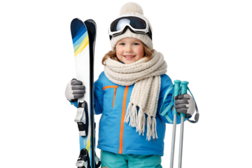 Child holding skis isolated. Winter sports training. Kids outdoor activity designs. Seasonal visuals.