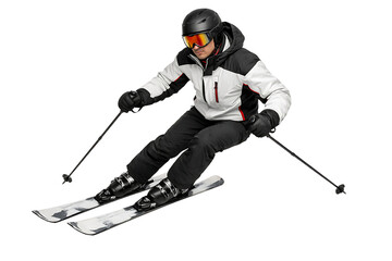 Male skier in motion isolated. Winter sports action. Outdoor lifestyle visuals. Seasonal projects.