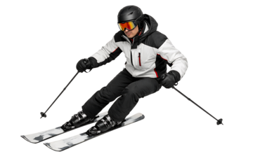 Male skier in motion isolated. Winter sports action. Outdoor lifestyle visuals. Seasonal projects.