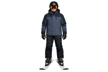 Male skier standing isolated on white. Winter sports apparel. Outdoor fashion projects. Seasonal visuals.