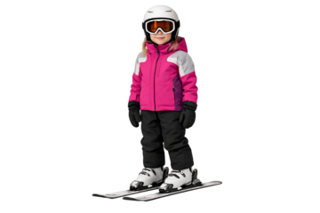 Girl skiing in pink outfit. Winter sports designs. Kids activity visuals. Seasonal projects.