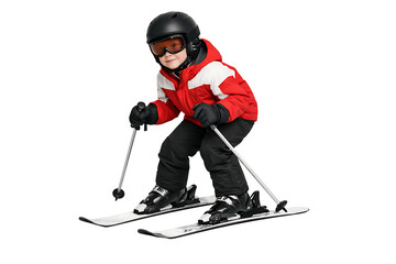 Child skiing wearing helmet and goggles. Winter sports safety. Kids activity designs. Seasonal projects.