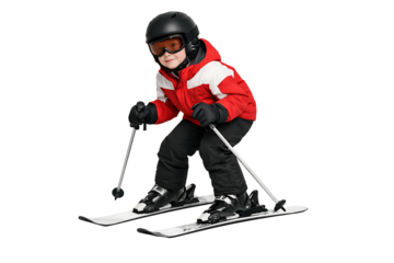 Child skiing wearing helmet and goggles. Winter sports safety. Kids activity designs. Seasonal projects.