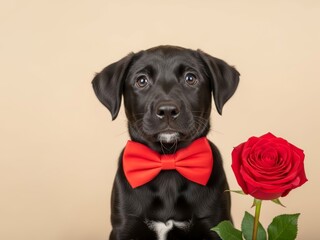 Fototapeta premium Adorable puppy holding a red rose for a romantic Valentine's Day surprise.