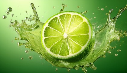 A Vibrant Stylized Illustration Of A Juicy Lime Slice With A Splash Of Juice Against A Light Green Background