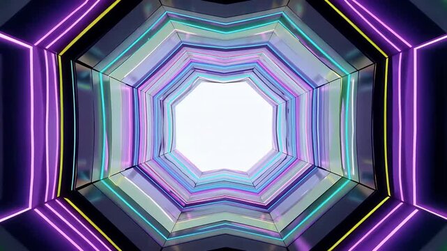 Neon Tunnel Perspective with Multicolor Illuminated Hexagon Lights.