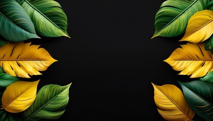Colorful Green And Yellow Leaves On Black Background With Copy Space